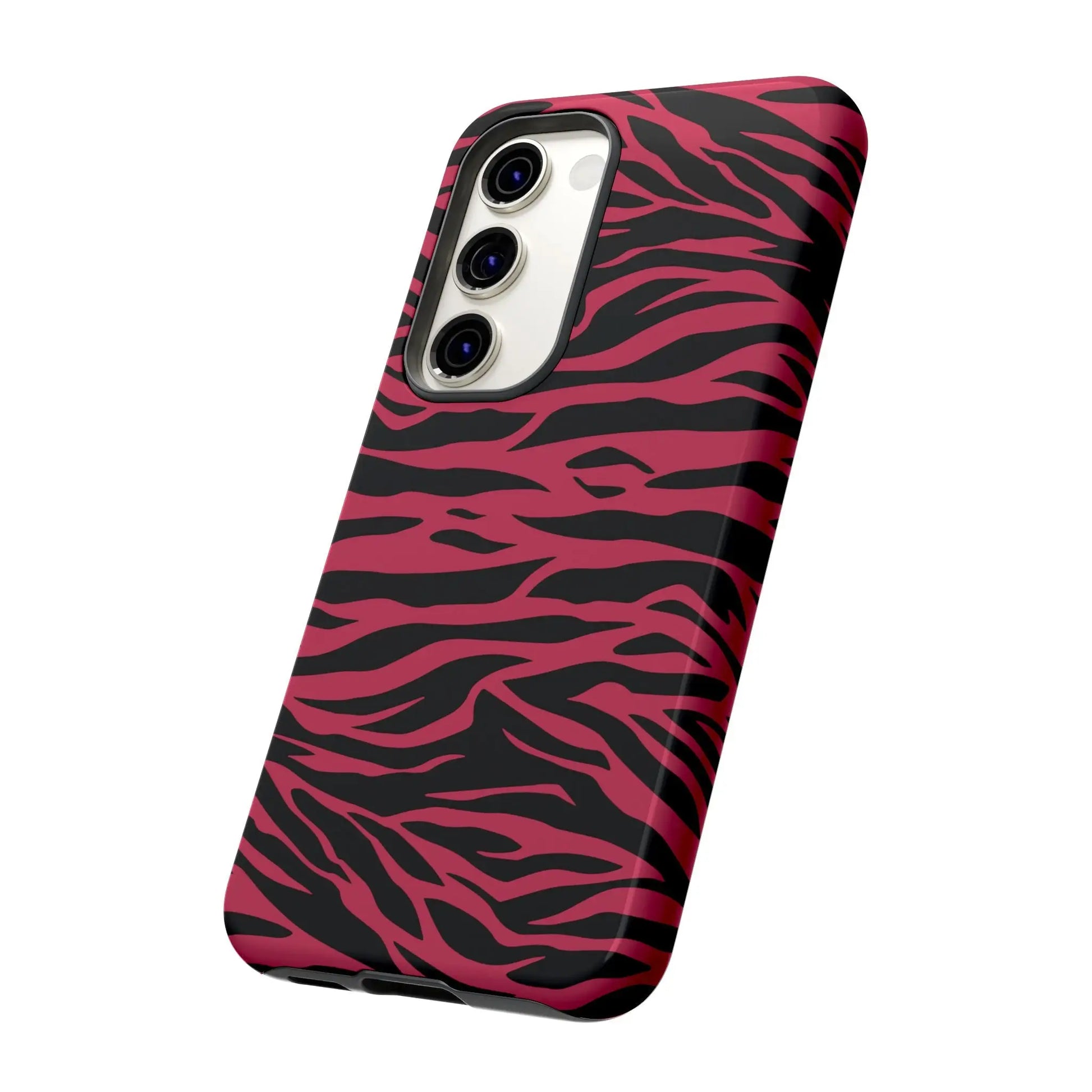 Magenta wild tiger phone case with vibrant pink and black wild tiger pattern print and glossy sleek finish showing back side