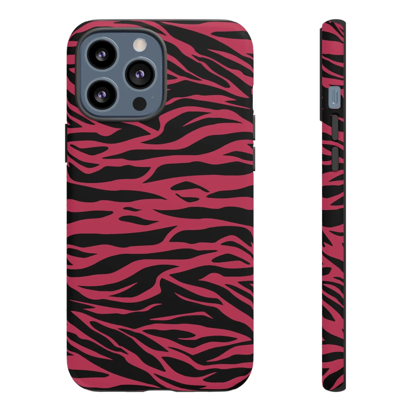 Vibrant pink and black iphone 13 pro max phone case with magenta wild tiger pattern print on the back side