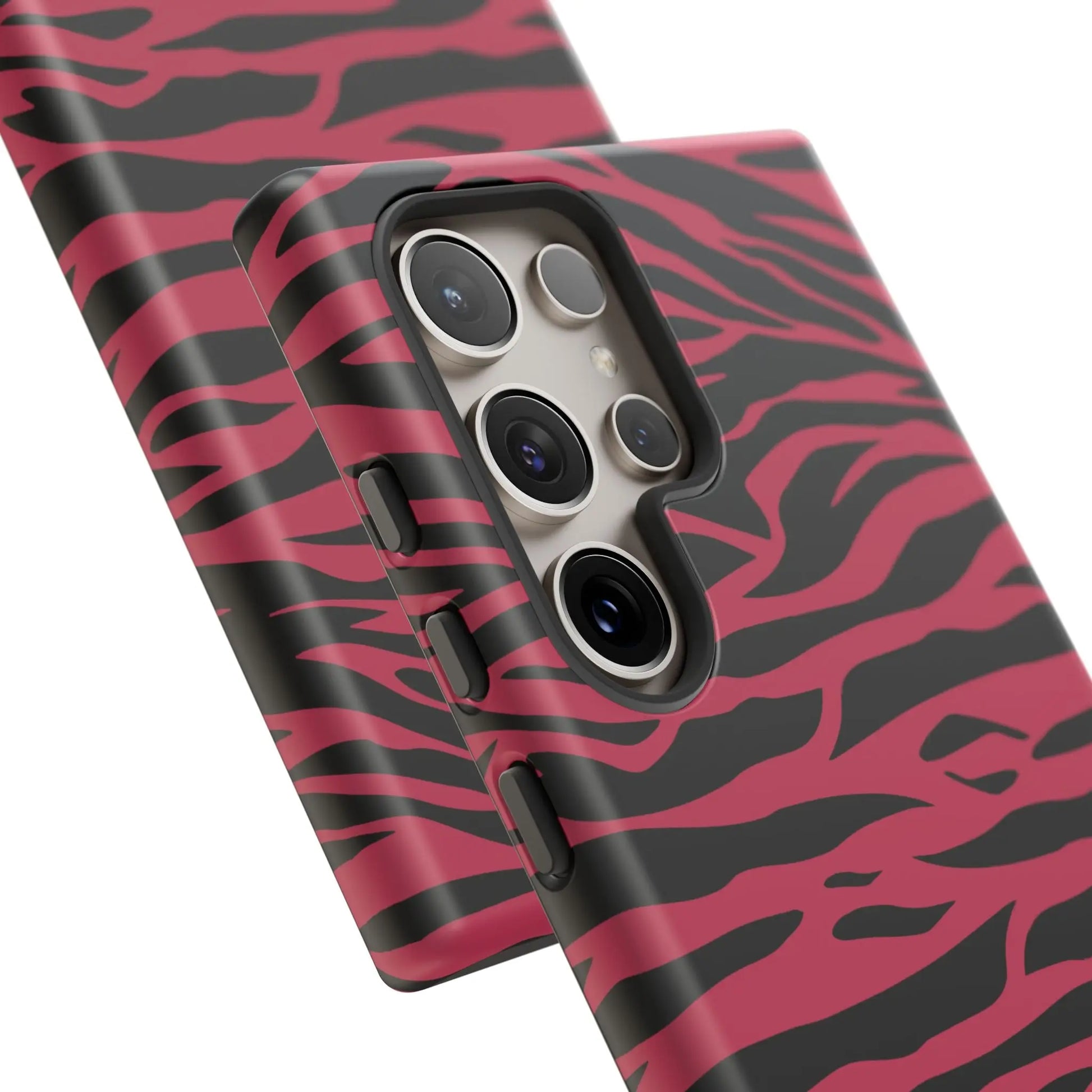 Back side of a vibrant magenta wild tiger pattern print phone case with a sleek hard-shell design and pink black stripes