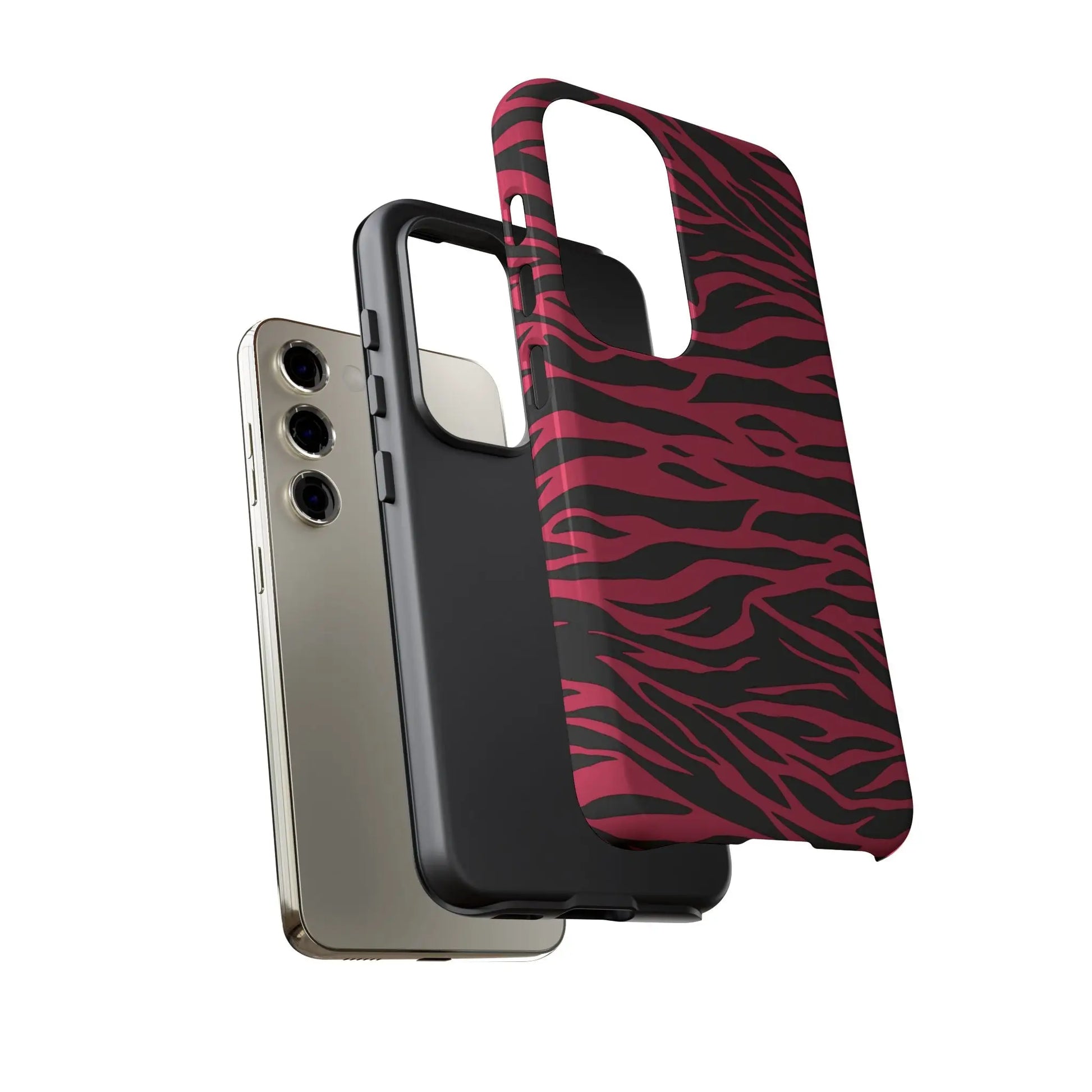 Magenta wild tiger pattern print phone case showing the back with vibrant pink and black zebra-striped design and sleek protection