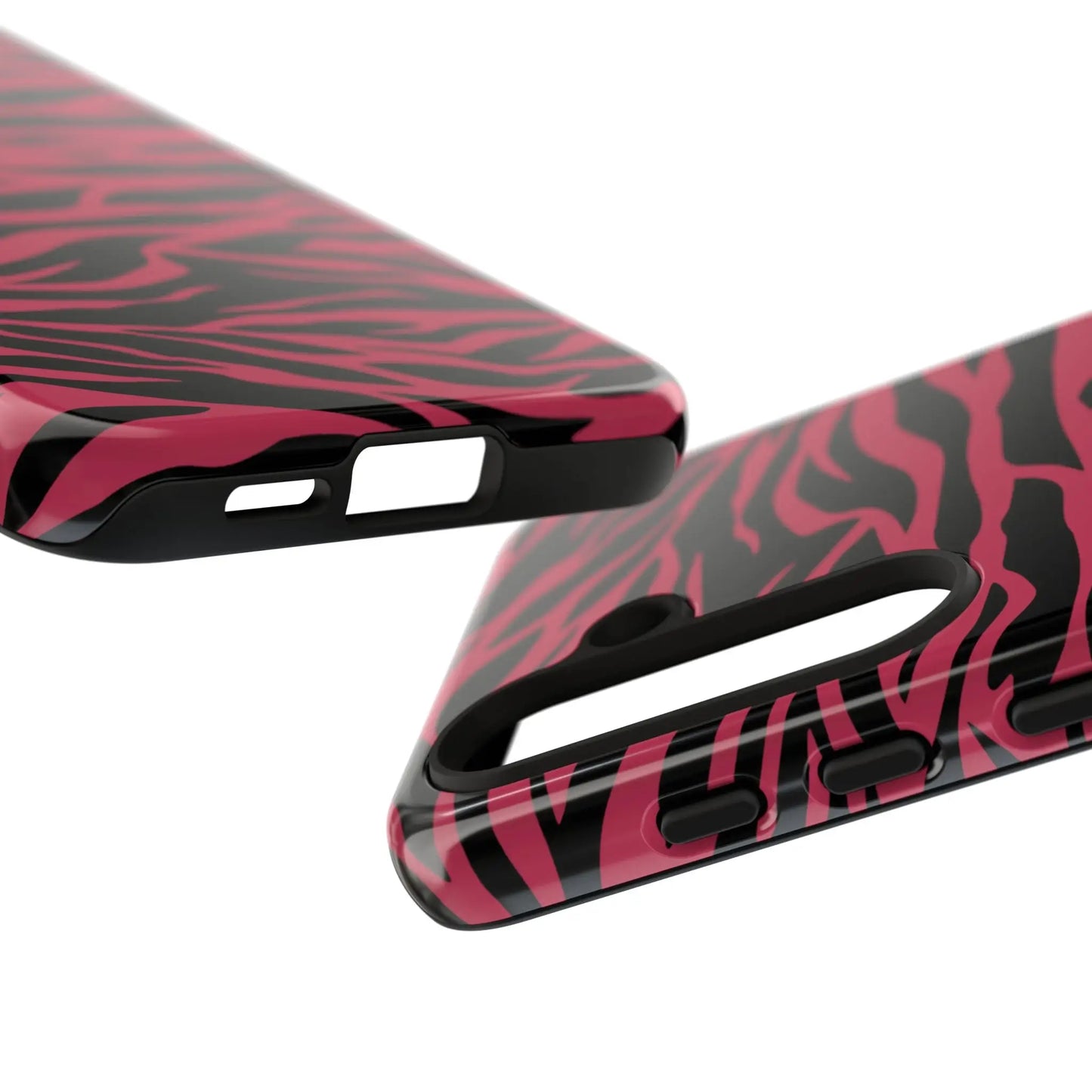 Magenta wild tiger pattern print phone case with glossy finish showing the back side in pink and black zebra print