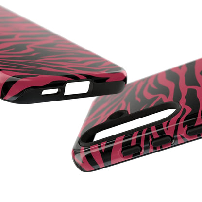 Magenta wild tiger pattern print phone case with glossy finish showing the back side in pink and black zebra print
