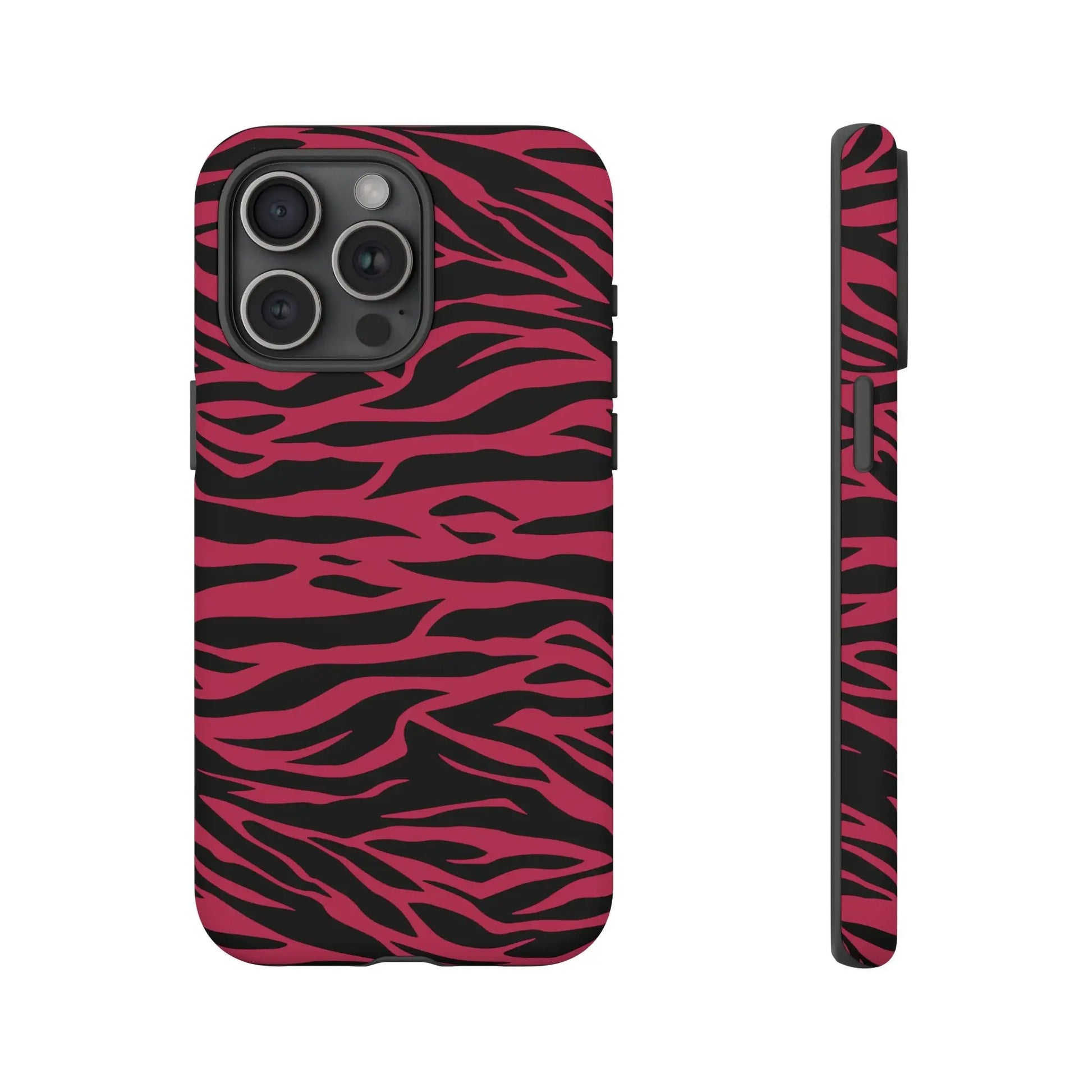 Back view of a vibrant pink and black iphone 13 pro max phone case with magenta wild tiger pattern print design