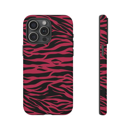 Back view of a vibrant pink and black iphone 13 pro max phone case with magenta wild tiger pattern print design