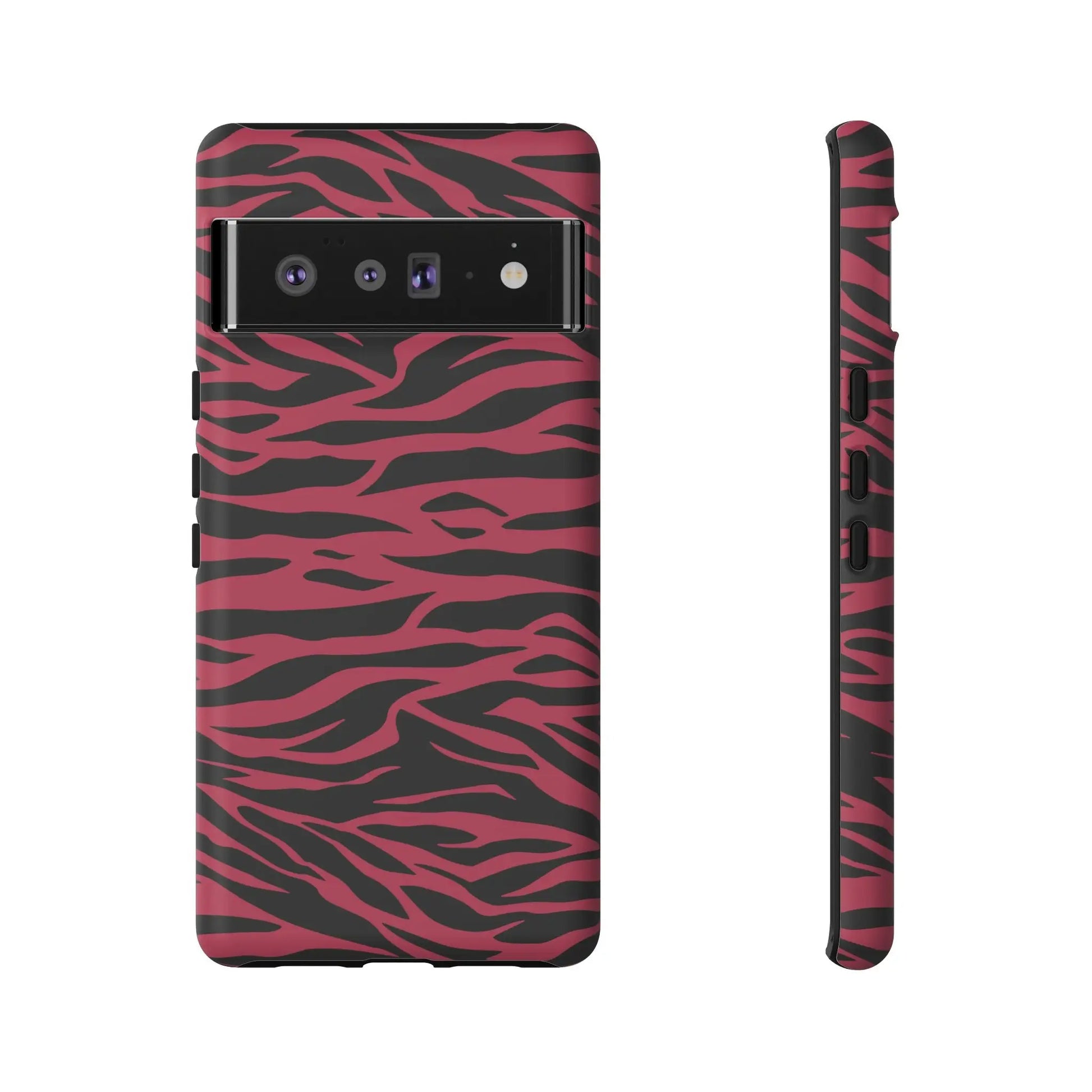 Magenta wild tiger phone case with pink and black wild tiger pattern print shown from the back side