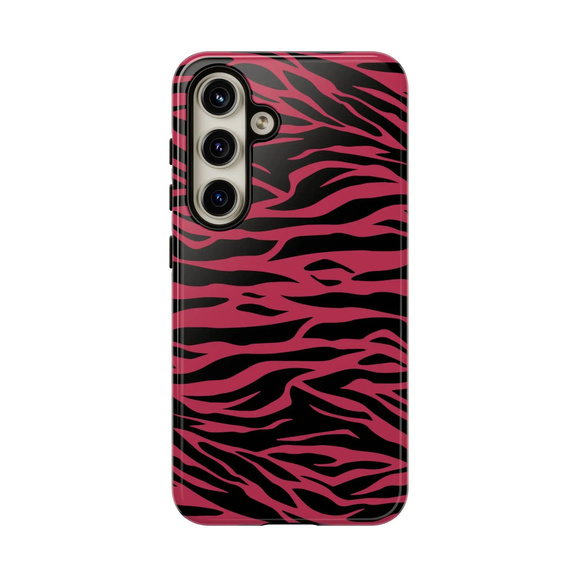 Back side of a glossy magenta wild tiger pattern print phone case with pink and black zebra stripes for samsung galaxy s23