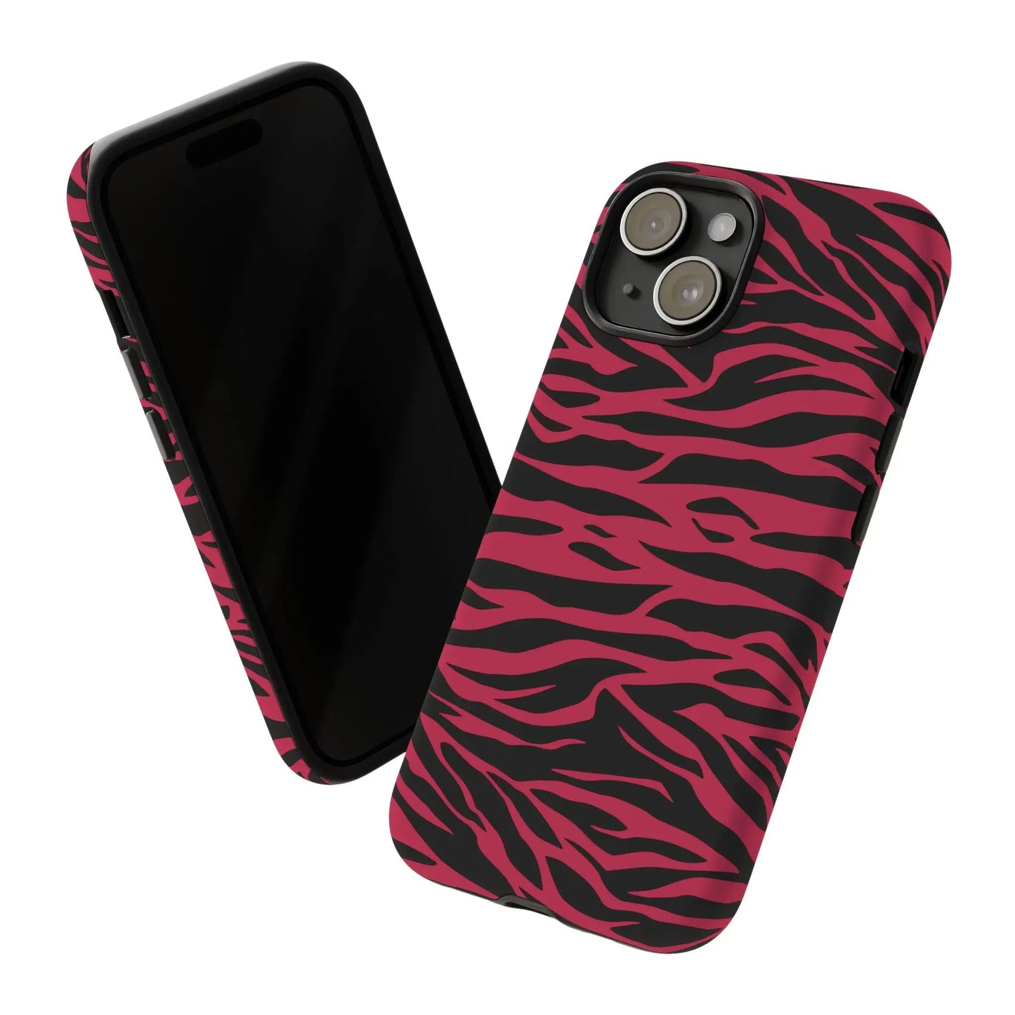 Magenta wild tiger phone case featuring a pink and black zebra-print tiger pattern print on the back side