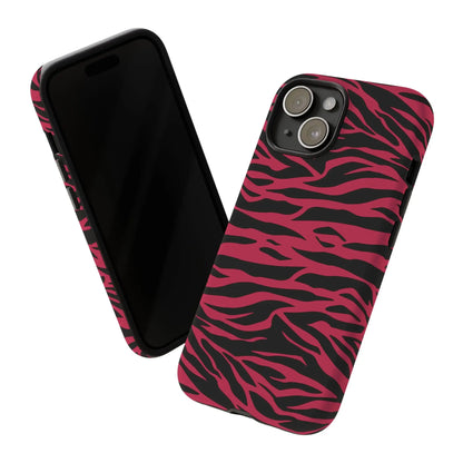 Magenta wild tiger phone case featuring a pink and black zebra-print tiger pattern print on the back side