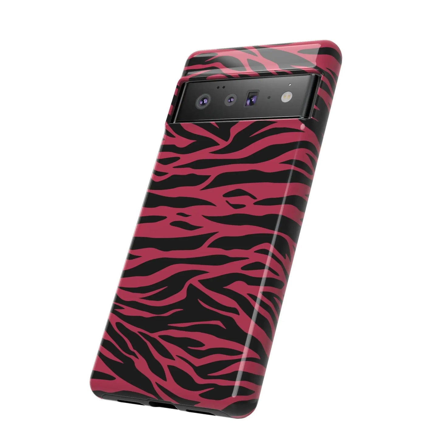 Magenta wild tiger pattern print phone case with vibrant pink and black zebra print and glossy finish for google pixel 6 back side