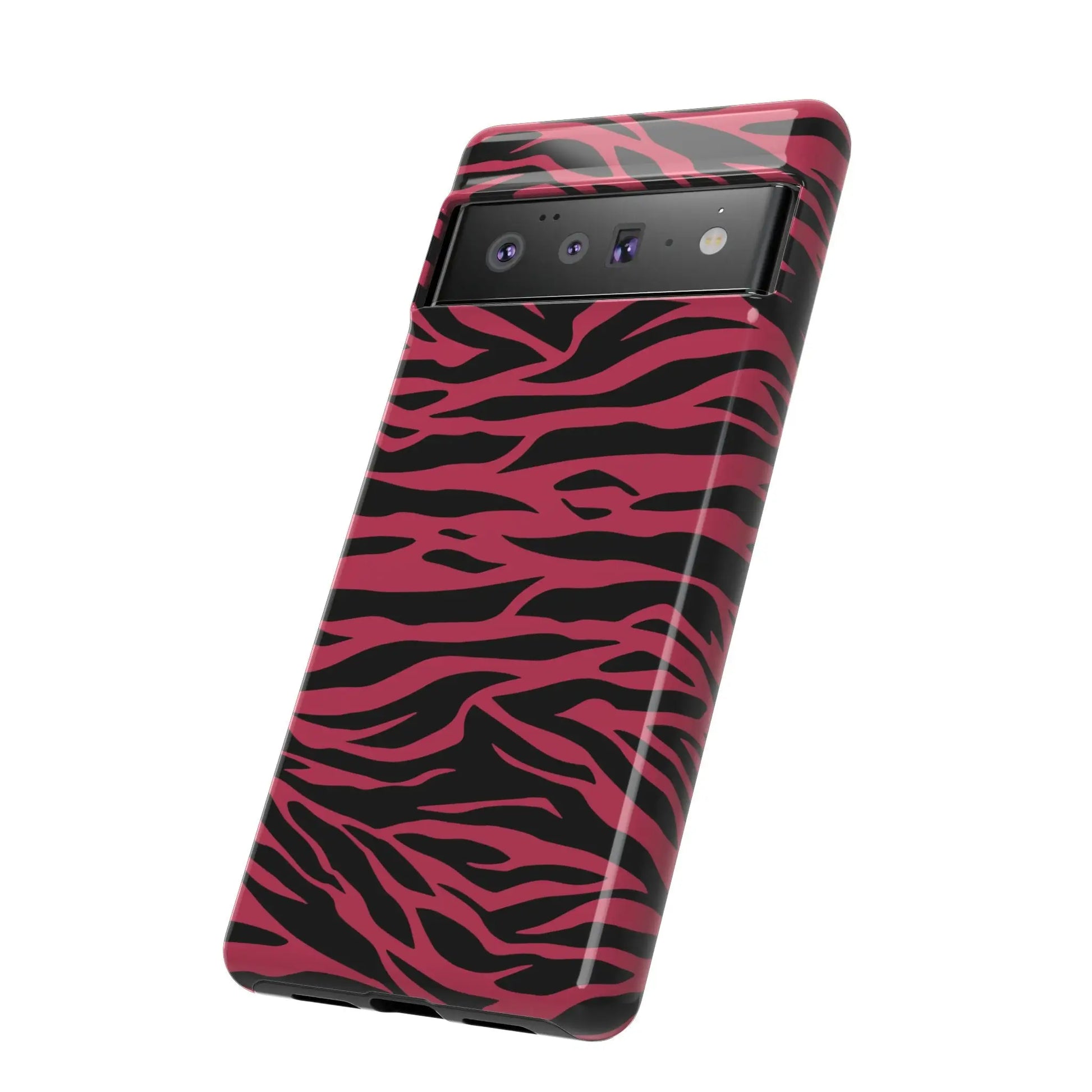 Magenta wild tiger pattern print phone case with vibrant pink and black zebra print and glossy finish for google pixel 6 back side