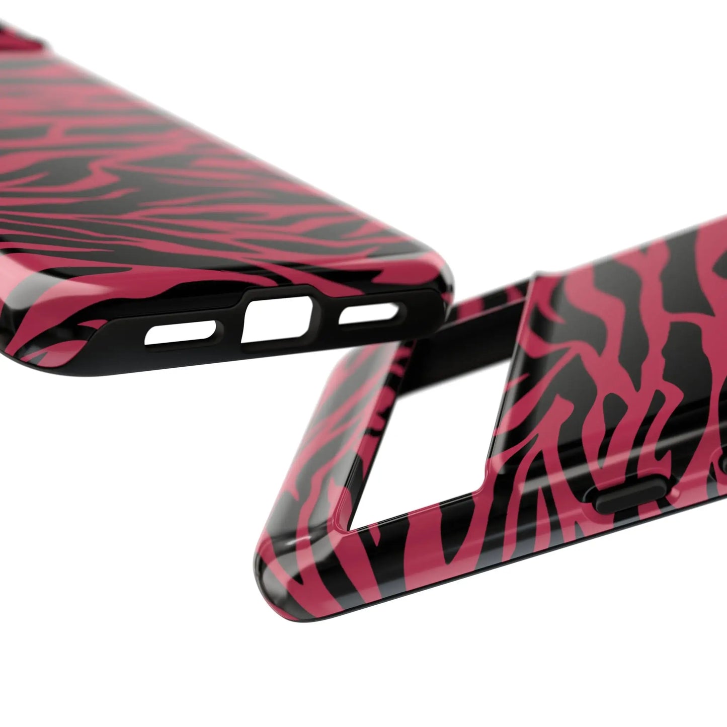 Magenta wild tiger pattern print phone case with glossy finish showing pink and black zebra-print back side