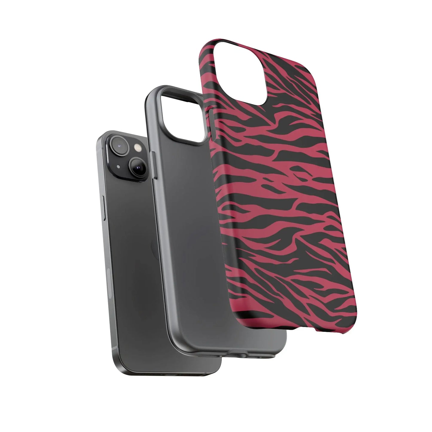 Magenta wild tiger phone case with vibrant pink and black tiger pattern print and sleek protective design shown from back side