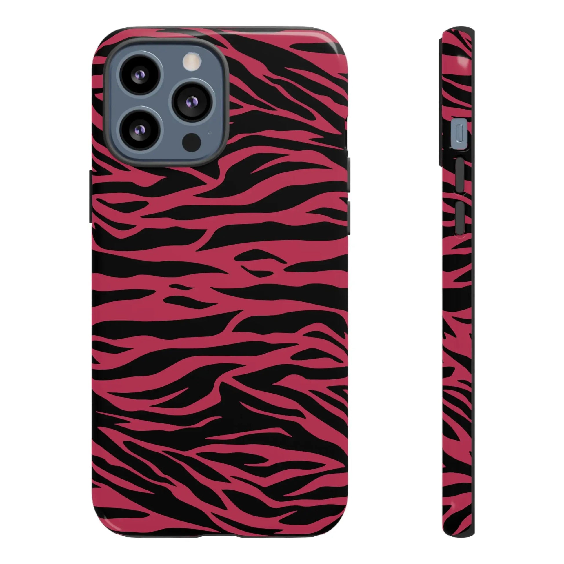Back view of a vibrant magenta wild tiger pattern print phone case with pink and black zebra stripes for iphone 12 pro max