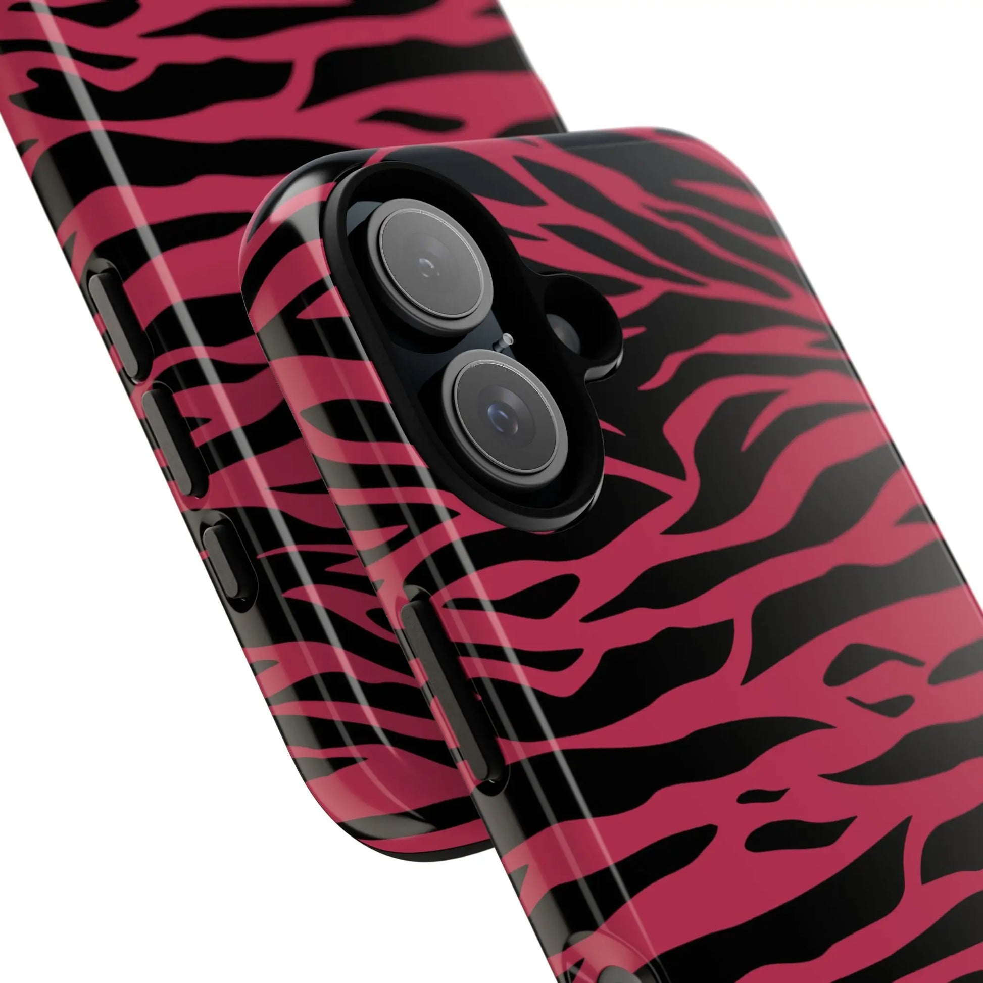Back side of a glossy vibrant pink and black phone case featuring a magenta wild tiger pattern print design