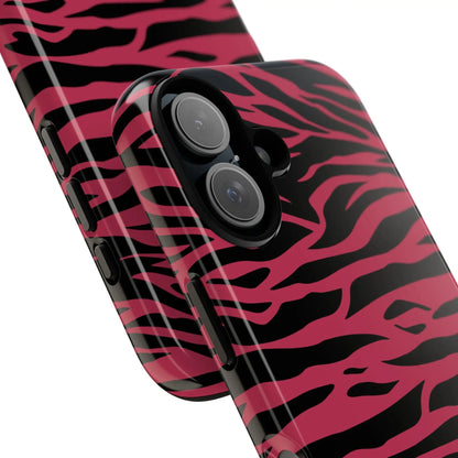 Back side of a glossy vibrant pink and black phone case featuring a magenta wild tiger pattern print design