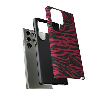 Back side of a vibrant red and black magenta wild tiger pattern print phone case with a sleek protective design