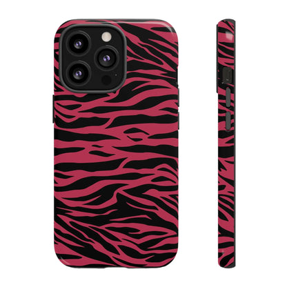 Magenta wild tiger phone case with vibrant pink and black wild tiger pattern print and sleek protective design on back side