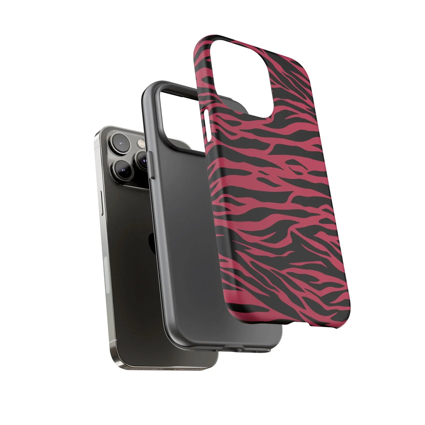 Magenta wild tiger pattern print phone case with vibrant pink and black zebra stripes for iphone back side view