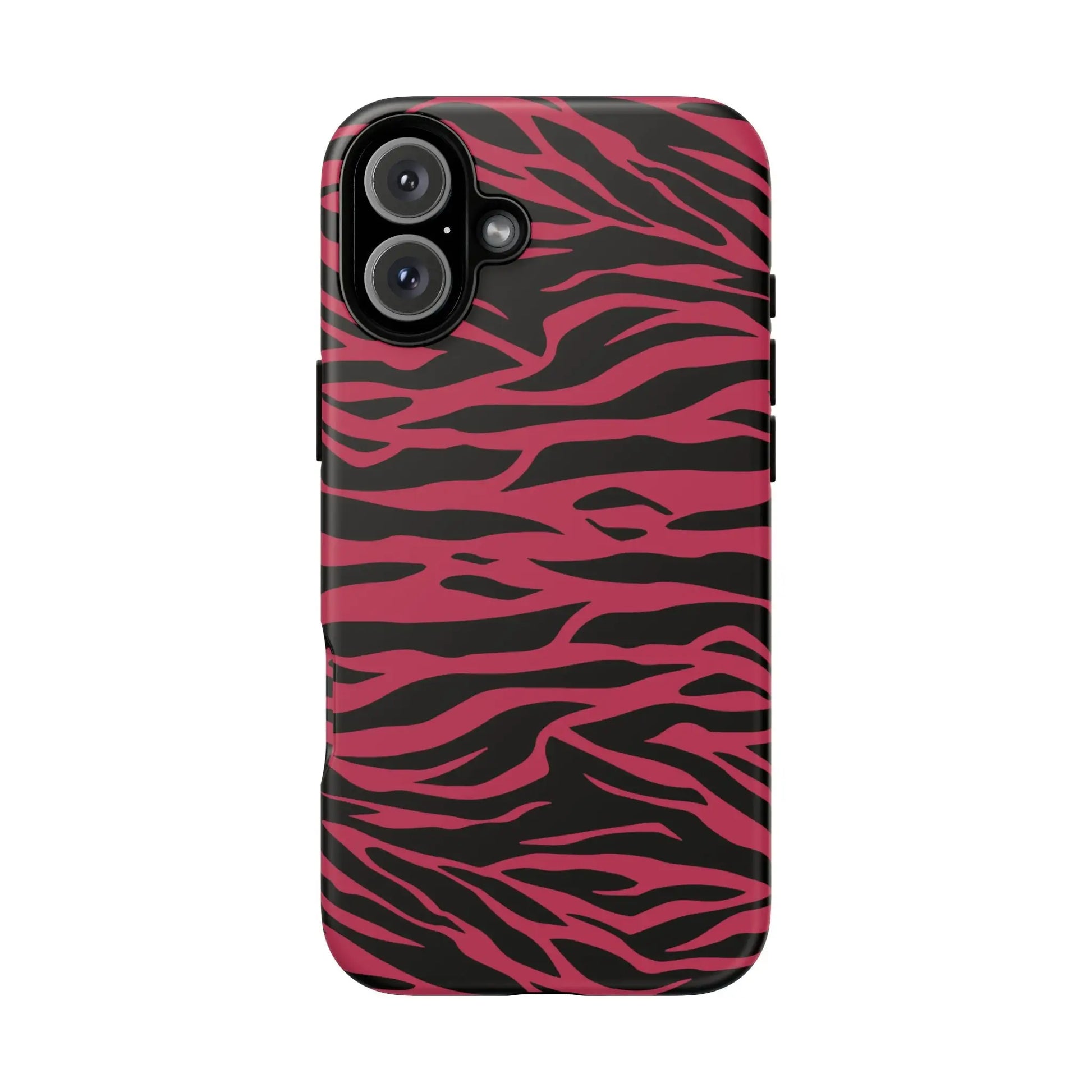 Magenta wild tiger pattern print phone case showing back side with vibrant pink and black zebra-striped protective design