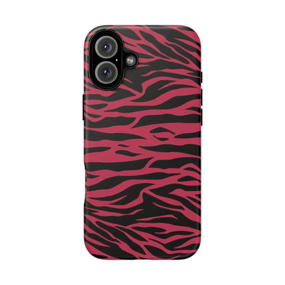Magenta wild tiger pattern print phone case showing back side with vibrant pink and black zebra-striped protective design