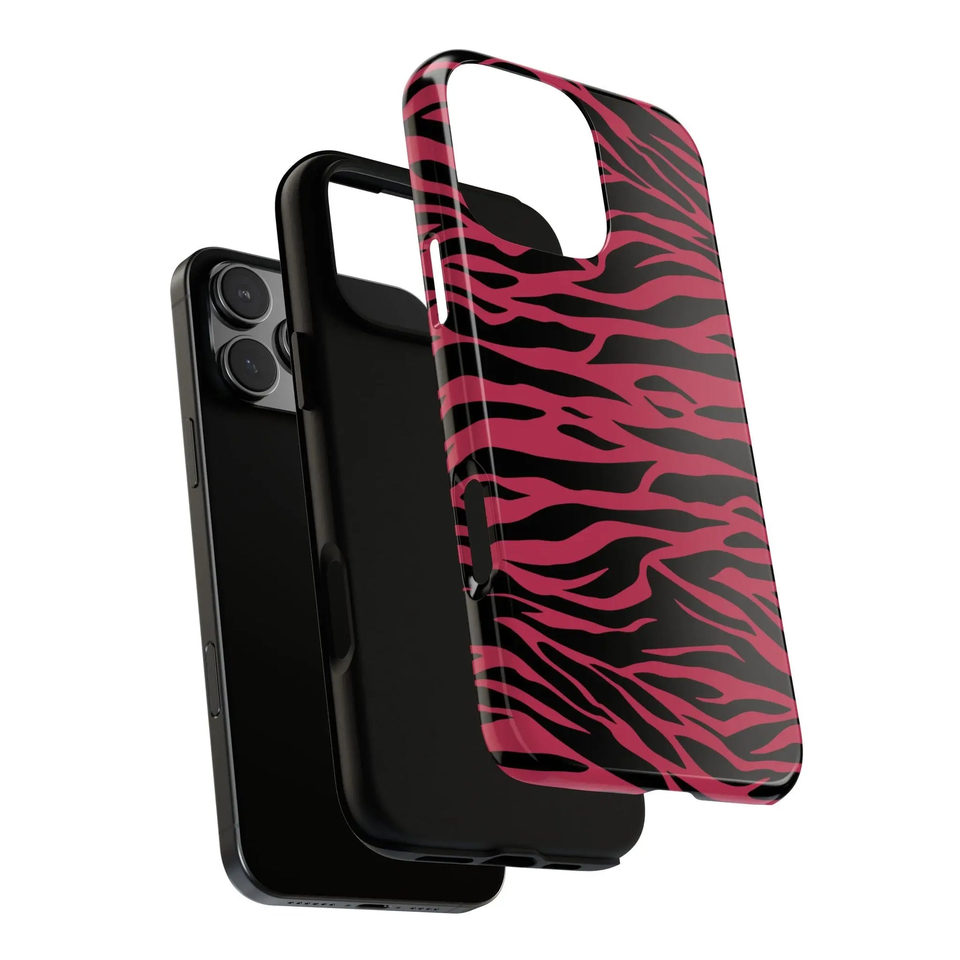 Back side of a phone case with a magenta wild tiger zebra striped pattern print in pink and black colors