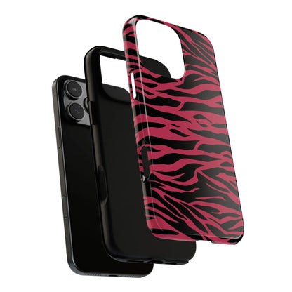 Back side of a phone case with a magenta wild tiger zebra striped pattern print in pink and black colors