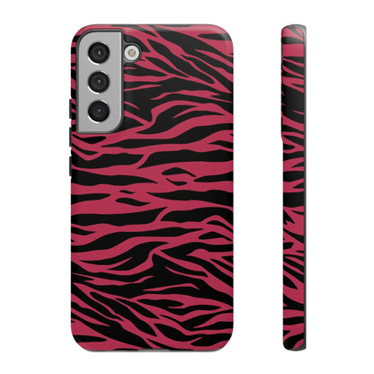 Back of a vibrant magenta wild tiger pattern print phone case for samsung galaxy s21 with black zebra stripes