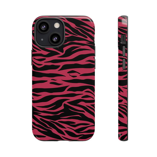 Back side of a magenta wild tiger pattern print phone case with pink and black zebra stripes design