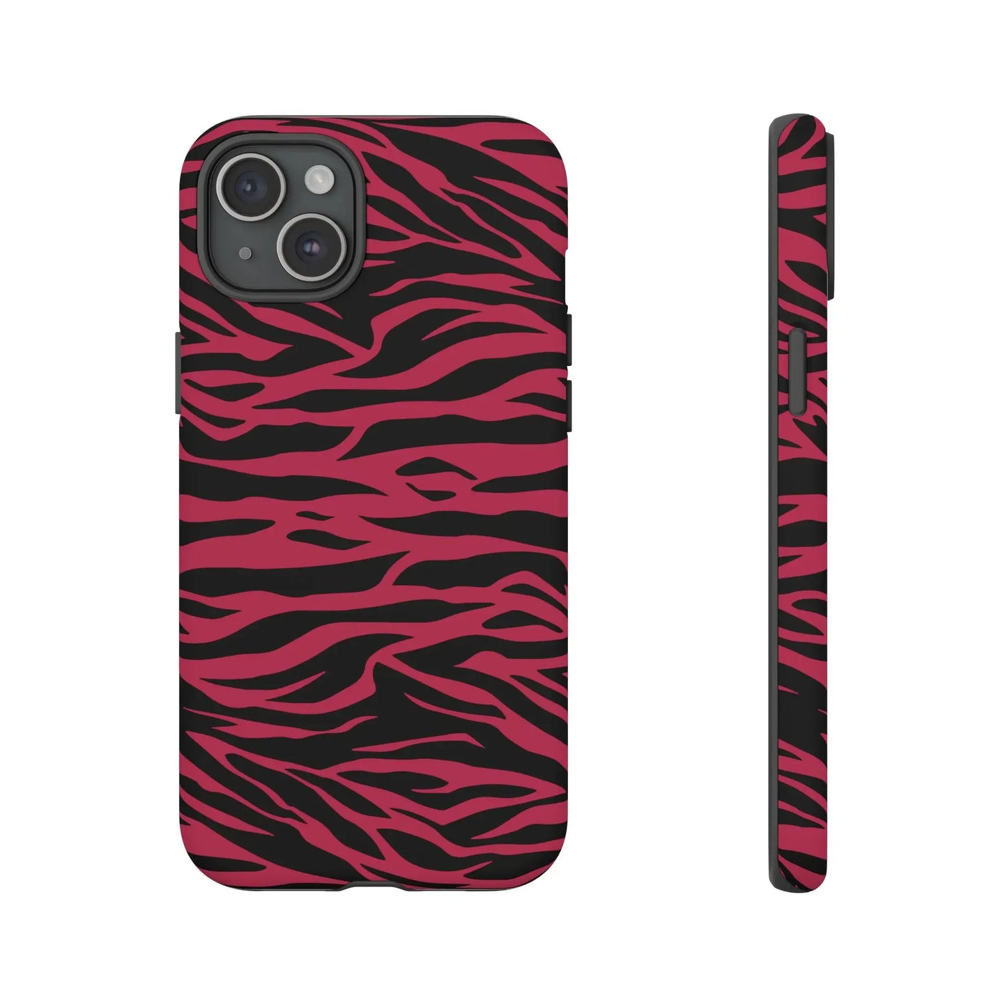 Magenta wild tiger phone case with vibrant pink and black wild tiger pattern print and sleek protective design back view