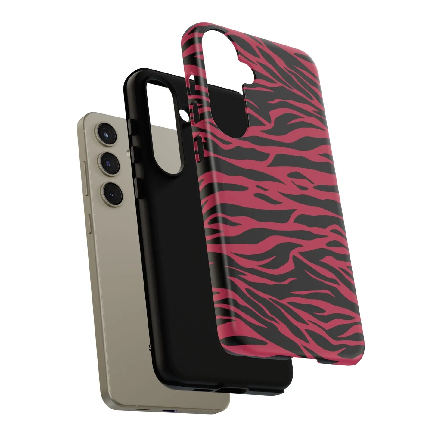Magenta wild tiger pattern print phone case in pink and black zebra print shown from the back side