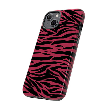 Back of a vibrant pink and black glossy phone case with magenta wild tiger pattern and tiger pattern print design