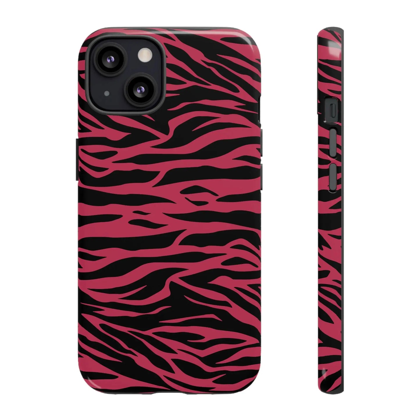 Magenta wild tiger phone case with vibrant pink and black wild tiger pattern print and sleek protective design on back side