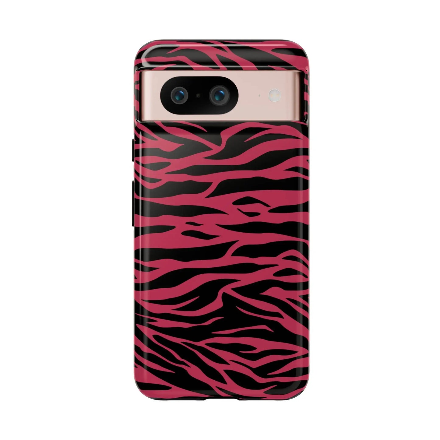 Magenta wild tiger print phone case with vibrant pink and black zebra striped tiger pattern print glossy finish back view