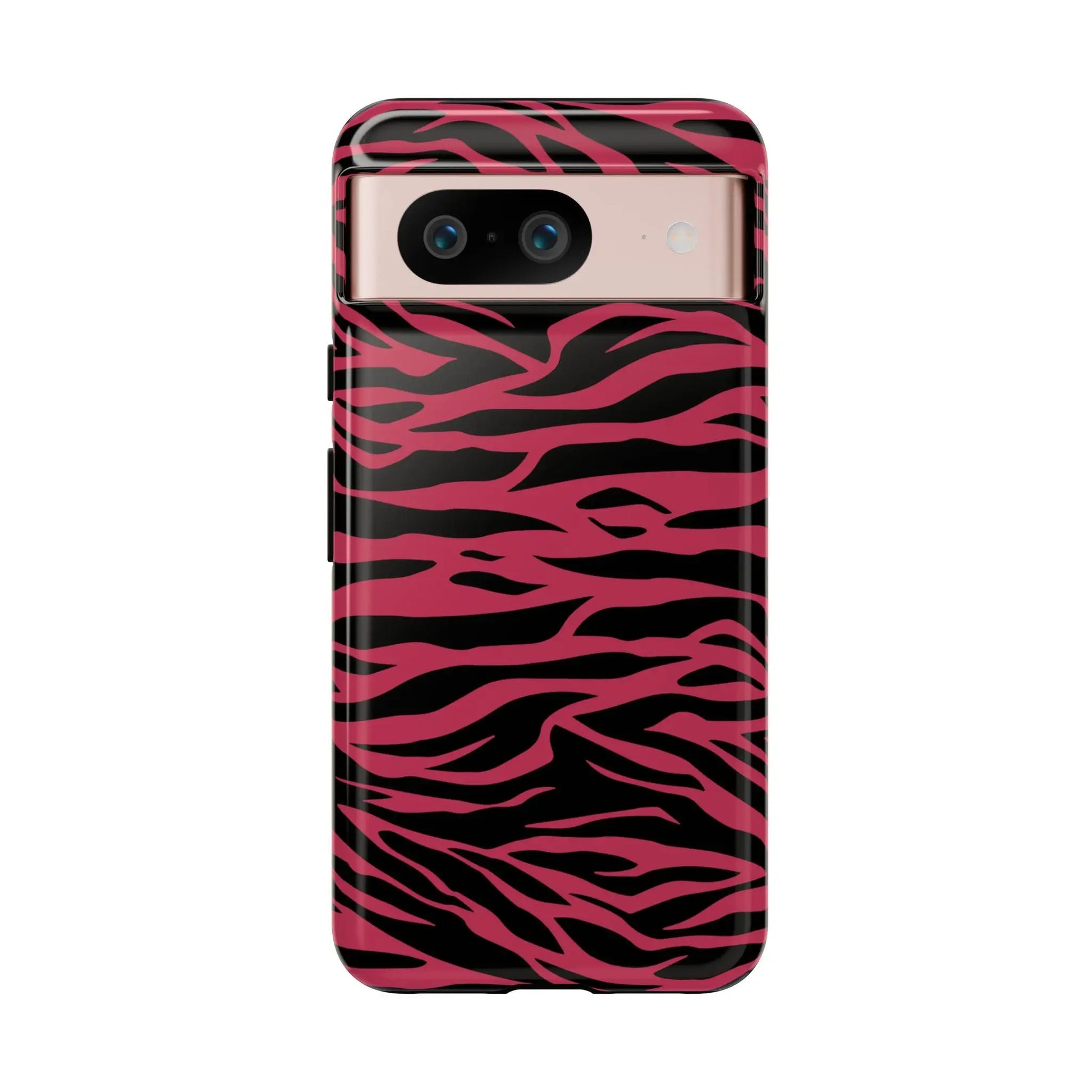 Magenta wild tiger print phone case with vibrant pink and black zebra striped tiger pattern print glossy finish back view