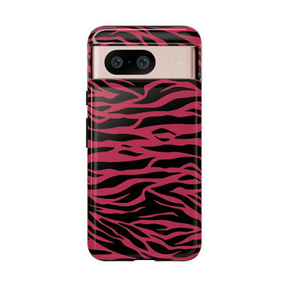 Magenta wild tiger print phone case with vibrant pink and black zebra striped tiger pattern print glossy finish back view