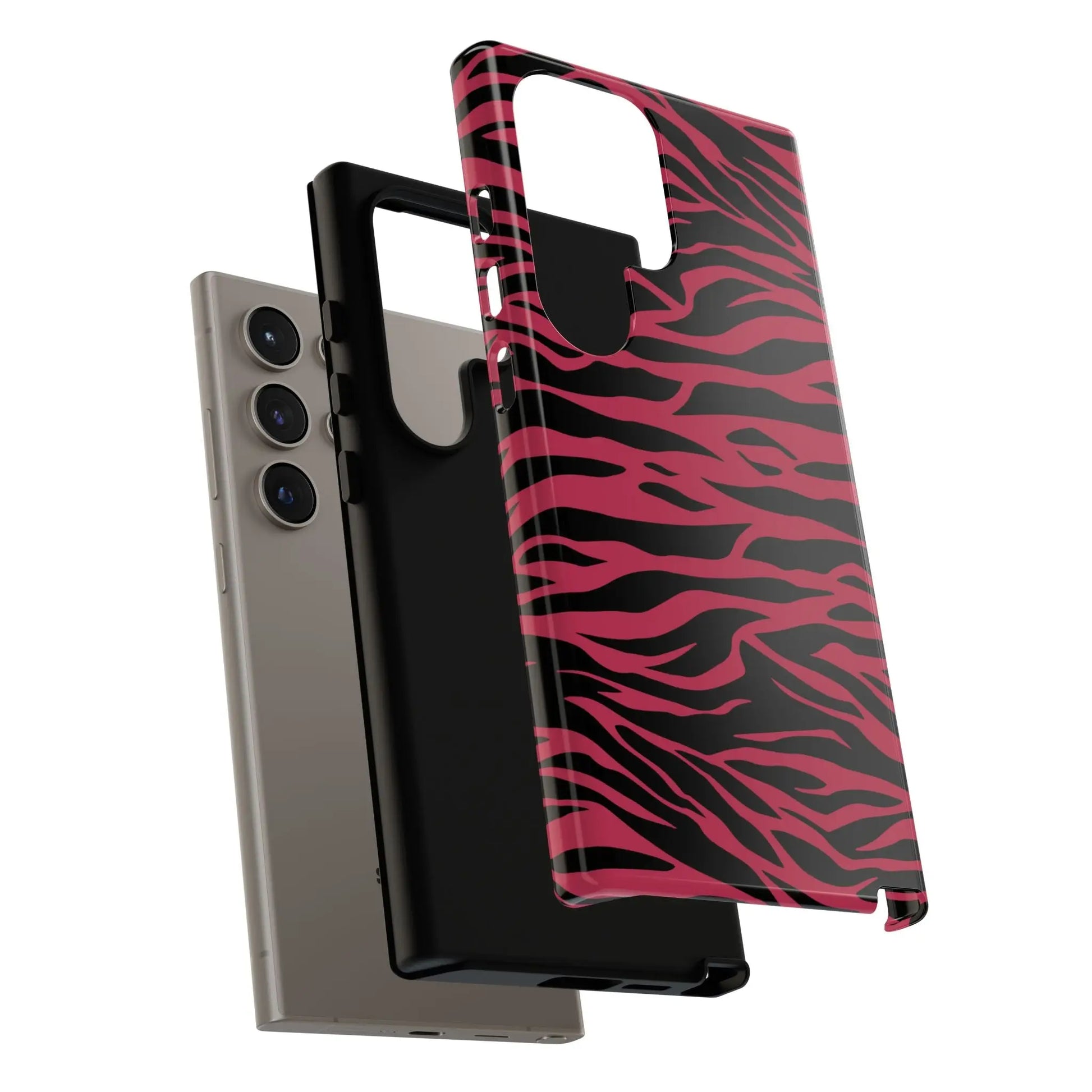 Magenta wild tiger pattern print phone case with glossy finish featuring pink and black zebra-print design on the back side
