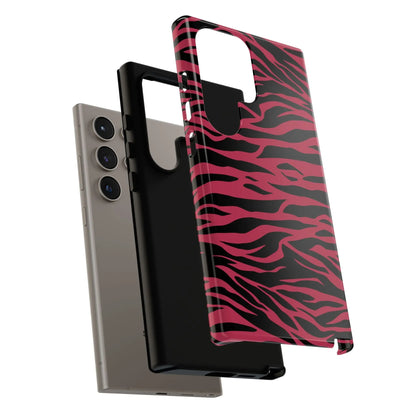 Magenta wild tiger pattern print phone case with glossy finish featuring pink and black zebra-print design on the back side