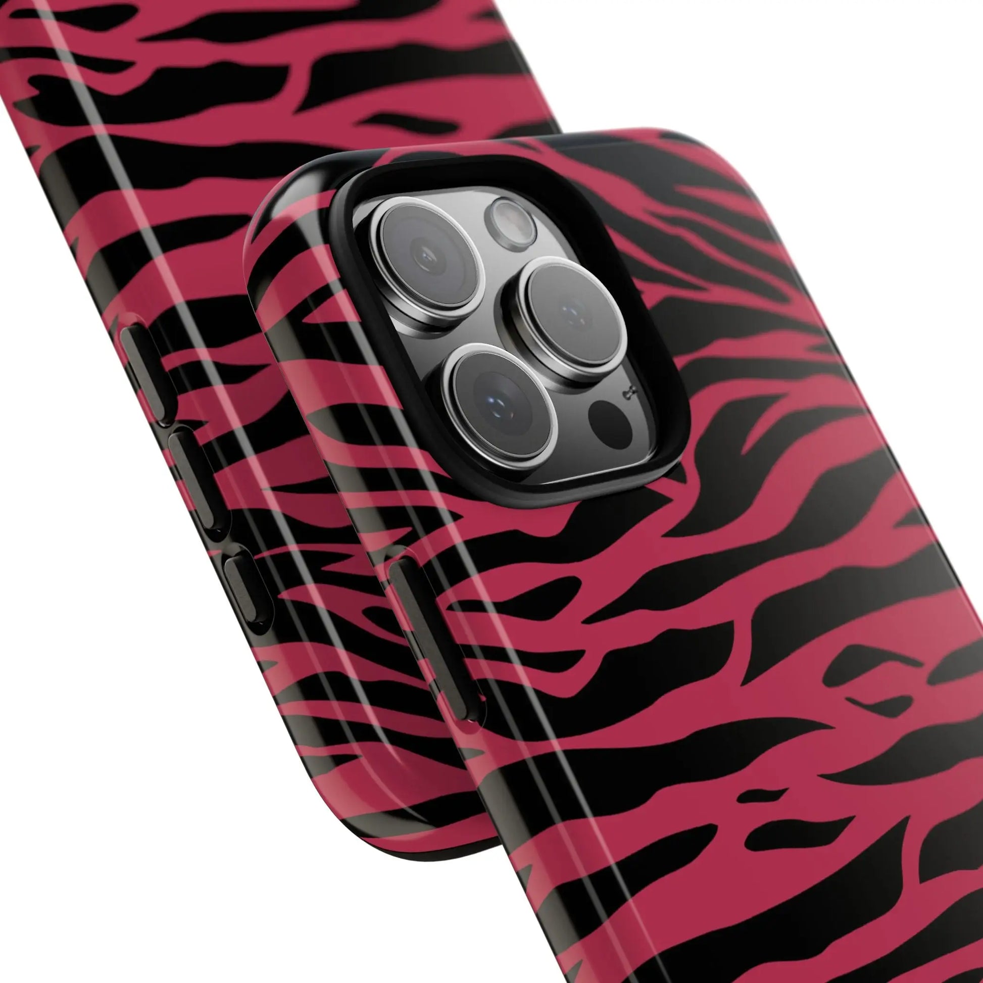 Back of an iphone 13 pro phone case with a glossy magenta wild tiger pattern print in vibrant pink and black stripes