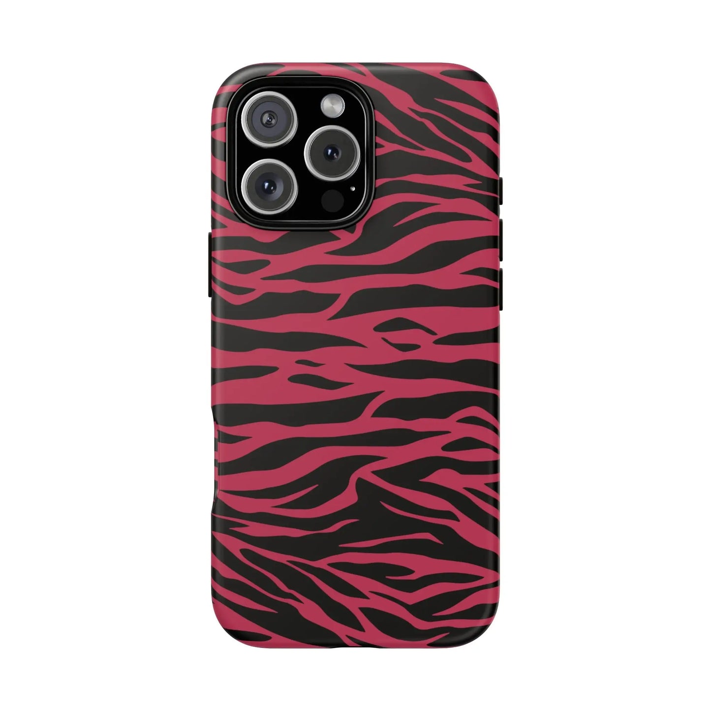Back side of a vibrant magenta wild tiger pattern print phone case with pink and black zebra stripes for iphone 13 pro