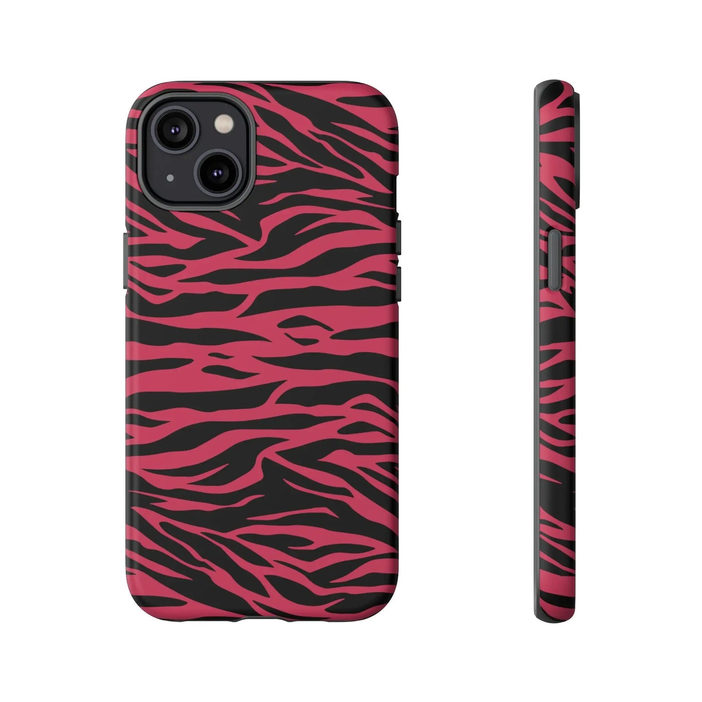 Back side of an iphone 13 case with vibrant magenta wild tiger black striped tiger pattern print design