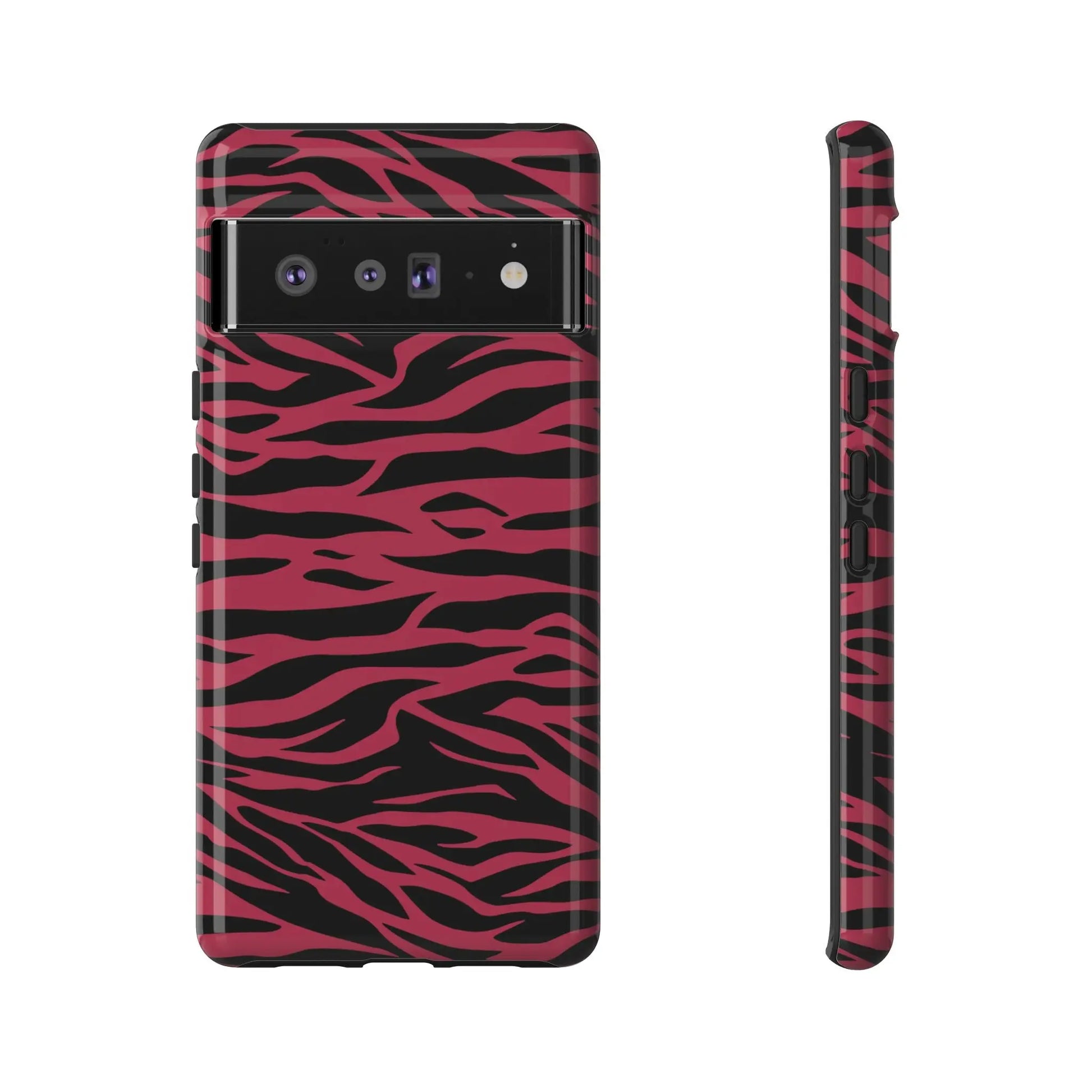 Back view of a glossy magenta wild tiger print phone case with black zebra stripes for google pixel 6 pro