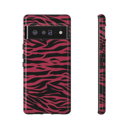 Back view of a glossy magenta wild tiger print phone case with black zebra stripes for google pixel 6 pro