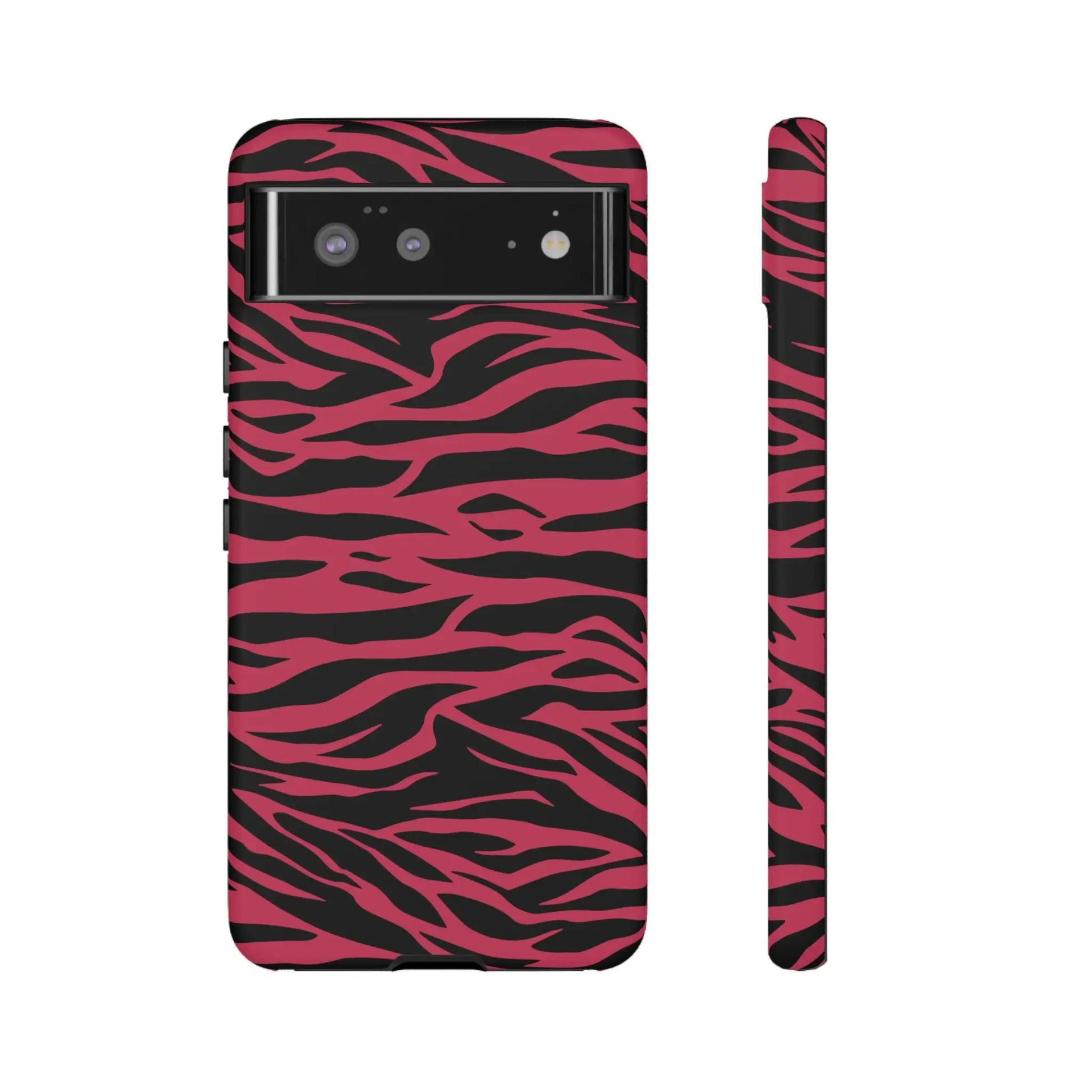 Magenta wild tiger phone case with pink and black wild tiger pattern print on the back side