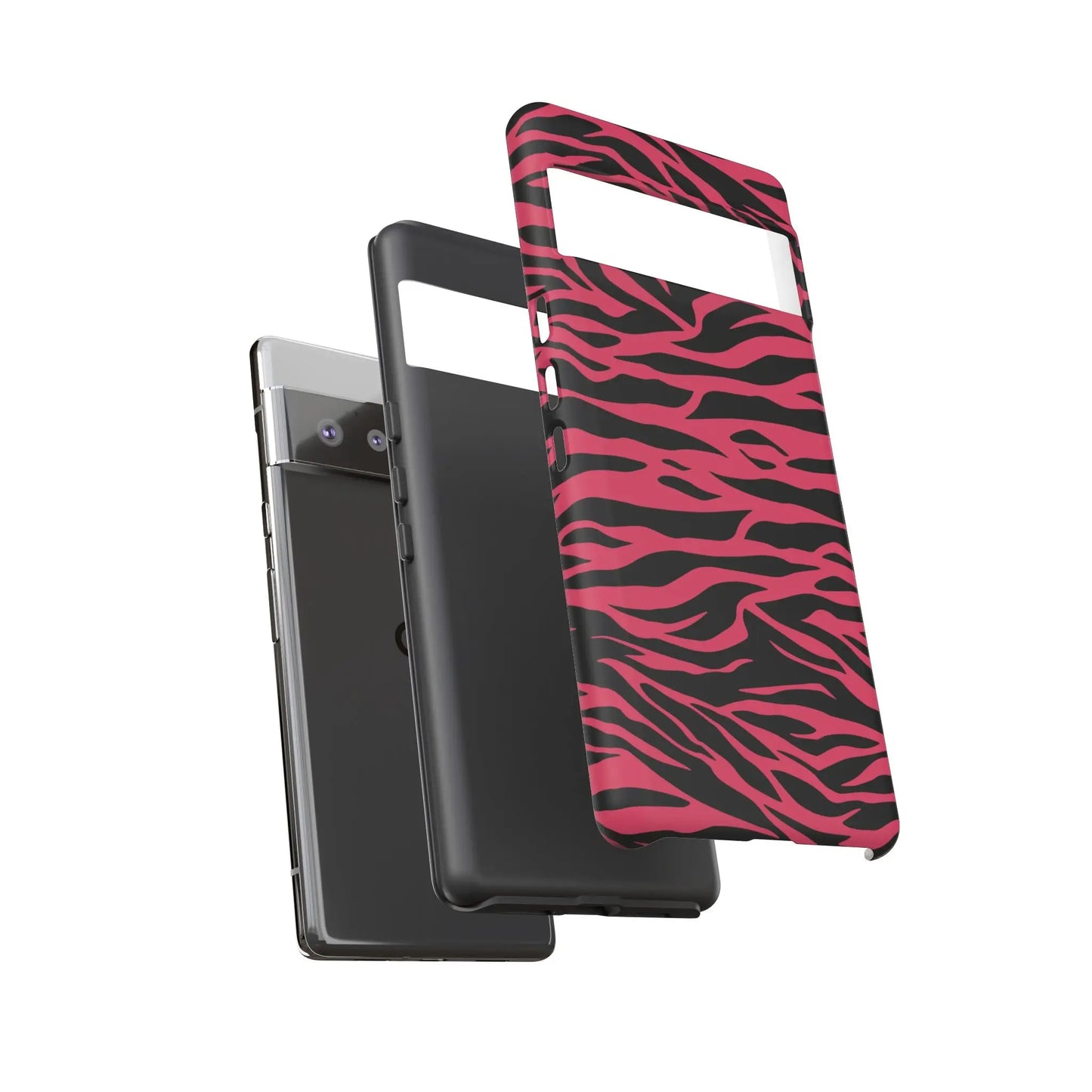 Magenta wild tiger phone case with vibrant pink and black wild tiger pattern print and sleek protective design back side