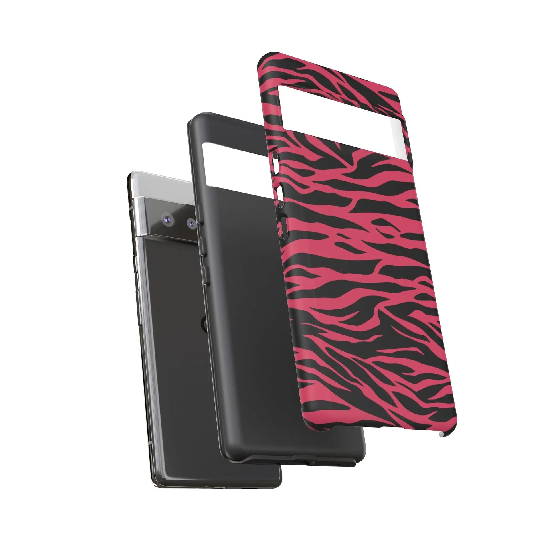 Magenta wild tiger phone case with vibrant pink and black wild tiger pattern print and sleek protective design back side
