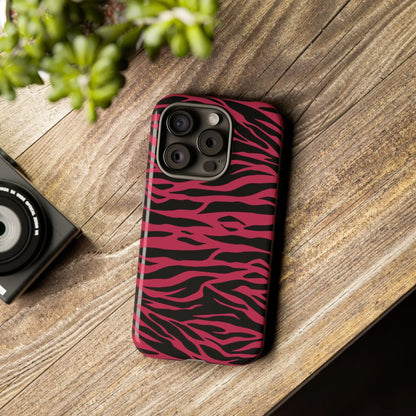 Magenta wild tiger phone case with vibrant pink and black wild tiger pattern print and sleek protective design back side