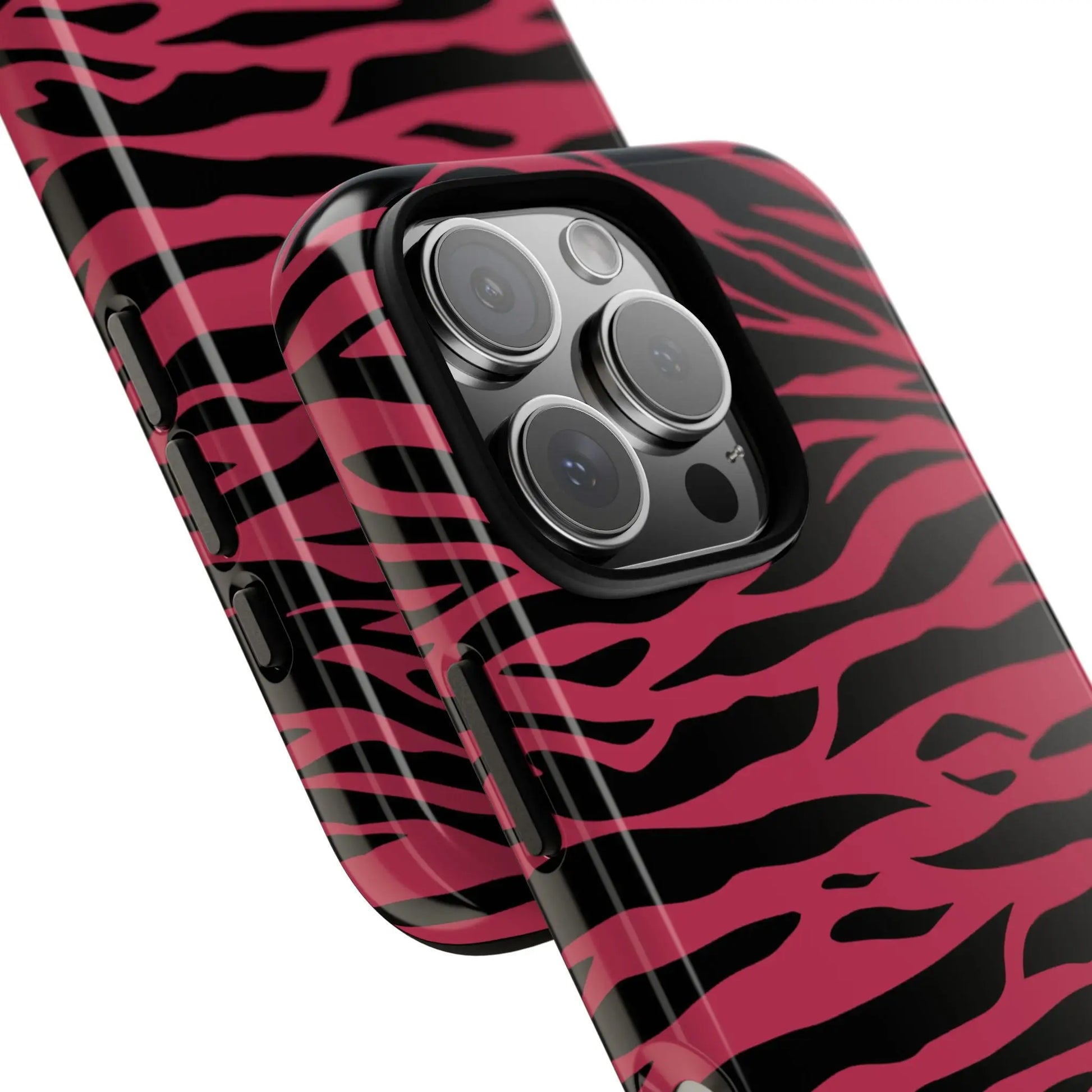 Back side of a vibrant pink and black glossy phone case featuring magenta wild tiger pattern print design