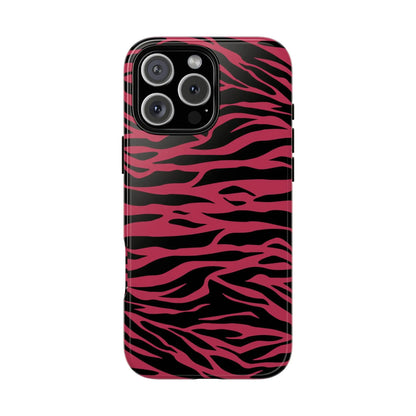Back side of a vibrant magenta wild tiger pattern print phone case with pink and black zebra-striped design for iphone 12 pro max