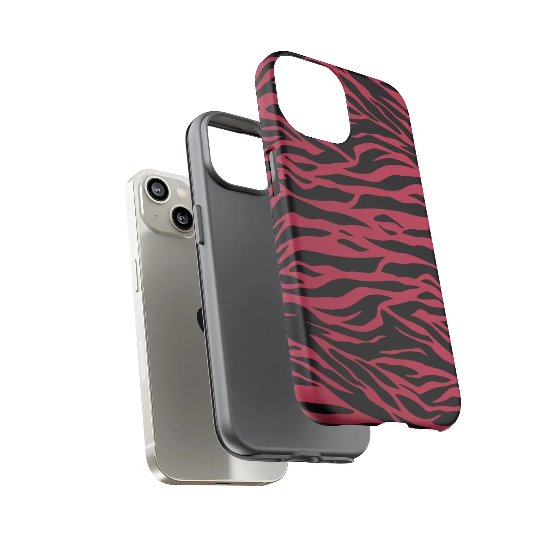 Magenta wild tiger phone case with vibrant pink and black wild tiger pattern print and sleek protective design back view