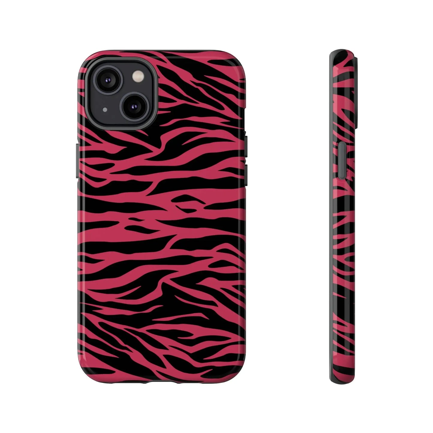 Back side of a glossy magenta wild tiger pattern print phone case with vibrant pink and black zebra stripes
